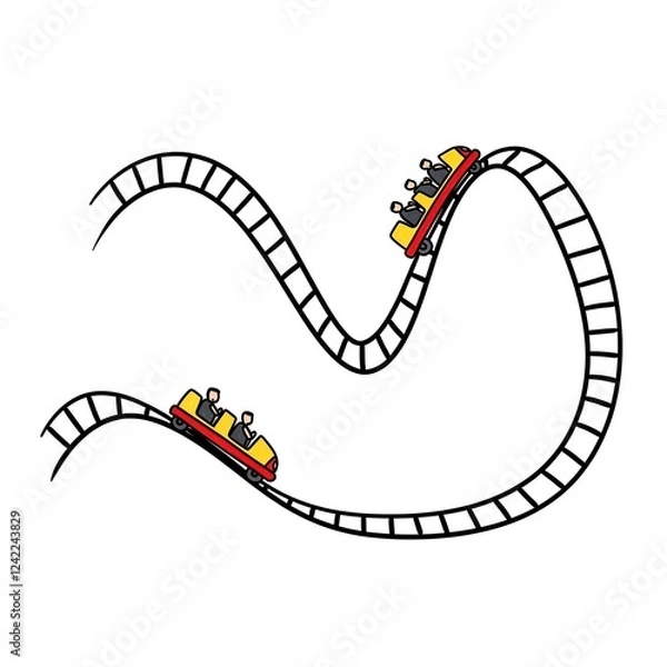 Fototapeta hand drawn yellow red roller coaster cart going up and down on black rails  cartoon illustration clip art  isolated on white