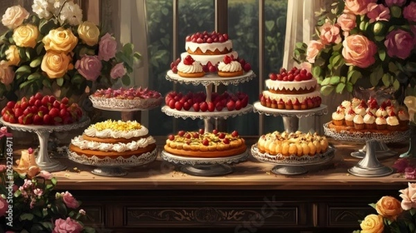 Fototapeta A vibrant display of various delectable desserts with a floral background.