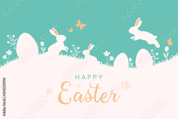 Obraz Easter bunnies with easter eggs on meadow with flowers cards