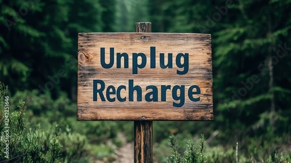 Fototapeta National Day of Unplugging concept. A Rustic Wooden Sign Inspiring Unplugging and Recharging in Nature