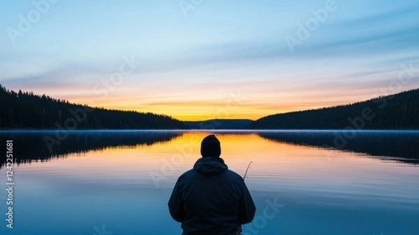 Fototapeta National Day of Unplugging concept. A tranquil moment fishing on a serene lake at sunset