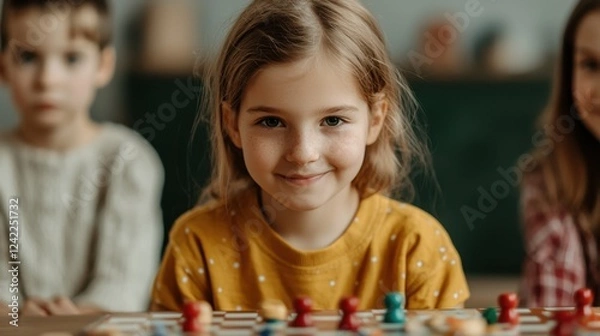 Fototapeta National Day of Unplugging concept. Cheerful Girl Enjoying Family Board Game in Cozy Living Room
