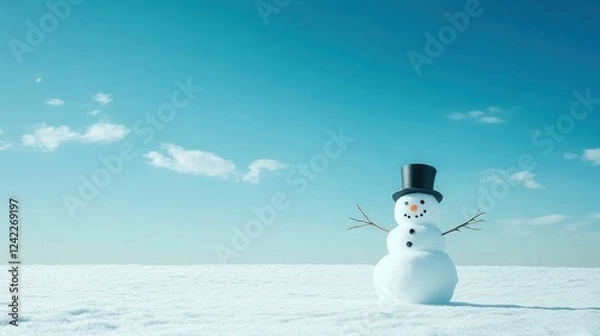 Fototapeta A minimalist snowman design with a top hat and twig arms, set against a vast white field under a blue sky