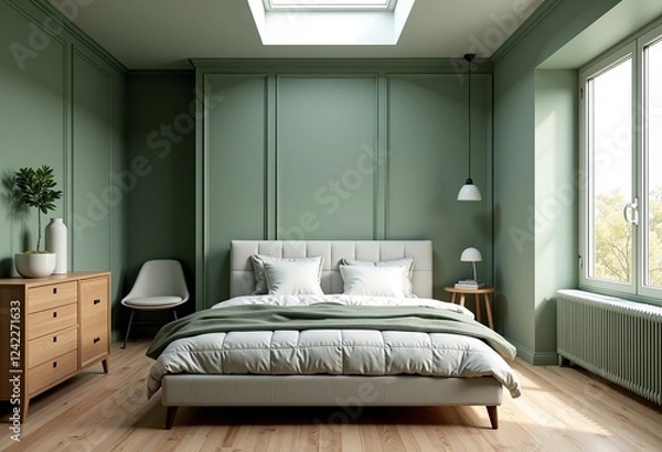 Fototapeta 16K Scandinavian Bedroom Interior: Sage Green Walls, Light Oak Floor, Upholstered Bed, Quilted Bedding, Skylight, Minimalist Decor, Natural Light, Paneling Accent, Ultra-Realistic.
