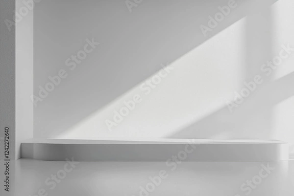 Obraz White wooden shelf casting a shadow on a light background showing texture and design details with soft natural lighting