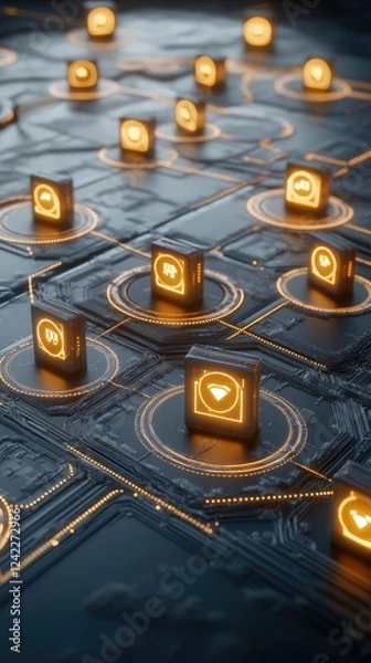 Fototapeta Illuminated Cubes Network Digital System Nodes