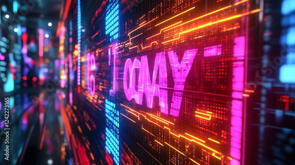 Fototapeta Vibrant neon street sign reflecting onto a glossy surface, capturing the essence of a bustling urban nightlife scene with dynamic glowing colors