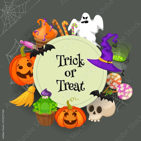 Fototapeta Trick or Treat. Traditional sweets and candies for holiday Halloween. Halloween candies isolated on white background. Retro cartoon style vector illustration.
