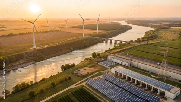 Fototapeta Aerial View of Sustainable Energy Wind Turbines Solar Panels and River at Sunset
