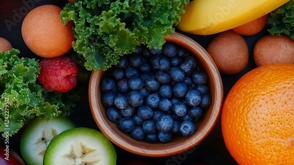 Fototapeta Fresh assortment of colorful fruits and vegetables arranged aesthetically on a wooden surface