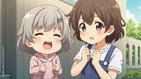 Fototapeta Joyful Anime Girls, Happy Children's Friendship, Cartoon Illustration