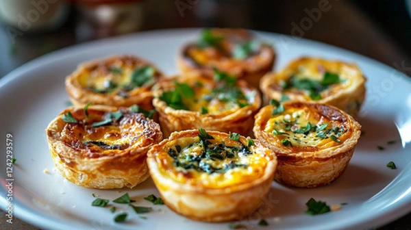 Fototapeta Savory mini quiches with golden flaky crusts filled with creamy spinach and cheese, garnished with fresh parsley, arranged on a rustic wooden serving board