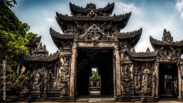 Fototapeta An ancient temple gate with intricate carvings and dark stone architecture, surrounded by lush greenery. A mystical and historical landmark that reflects Southeast Asian cultural heritage
