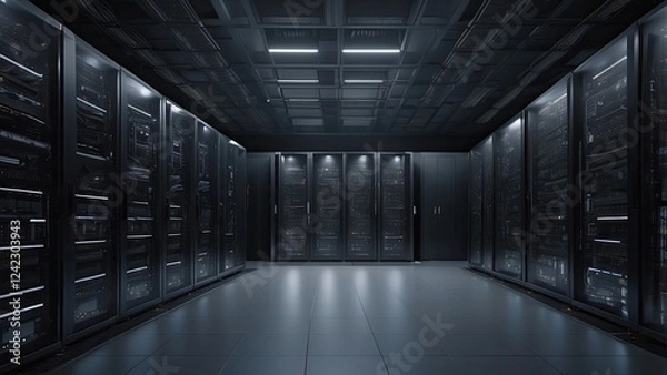 Fototapeta A dark server room filled with computer racks. Critical systems operate in a secure environment. Data centers are supported by advanced technical facilities. Digital infrastructure for cryptocurrency 