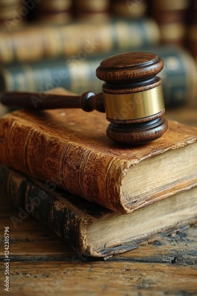 Fototapeta Gavel rests on old books, concept for legal decisions. Background has more books