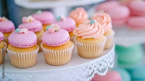 Fototapeta Delightful Pink Cupcakes and Macarons on Elegant Display Stand