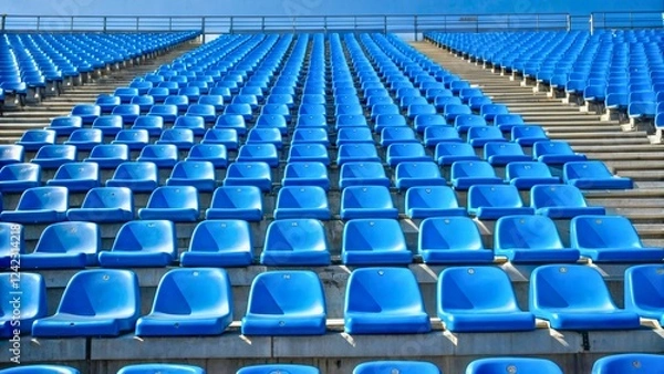 Fototapeta Blue Stadium Seats in a Row Under Clear Sky on a Bright Day