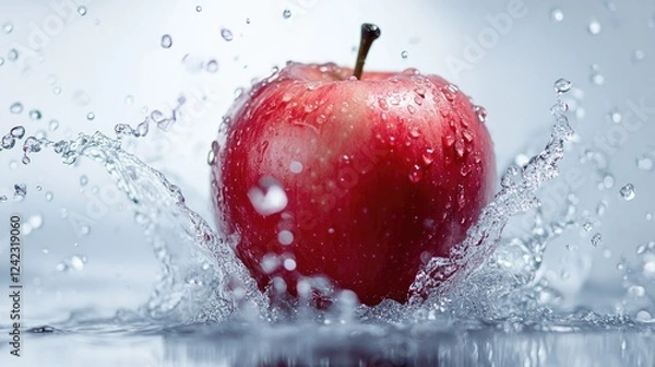 Fototapeta A single red apple with water droplets on a clean white background.