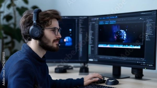 Fototapeta Content Creator Editing Podcast on Multi-Monitor Desktop Setup