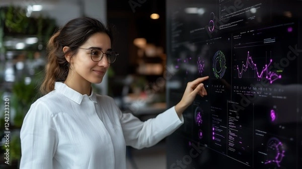 Obraz Businesswoman Using Digital Tech to Visualize Company Goals in Indian Office Meeting