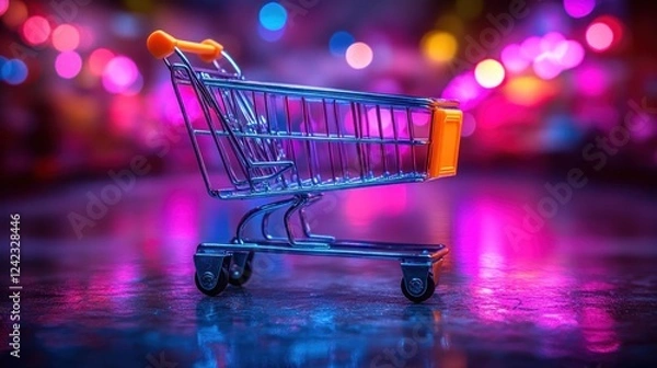 Fototapeta Shopping cart on glossy surface, bokeh lights backdrop, marketing, retail use