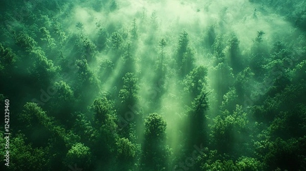 Obraz Aerial Misty Forest Sunrise Light Rays, Green Canopy