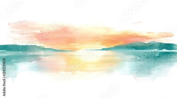 Fototapeta Beautiful watercolor illustration of a tranquil sunset, featuring soft pink and purple hues reflecting over a peaceful ocean.