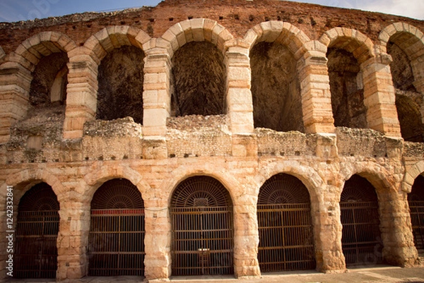 Obraz Front view of the Roman Verona Arena in Italy, showing its arches.