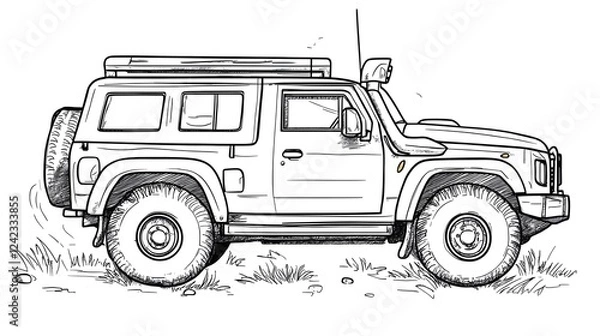 Fototapeta Outline Drawing of Off Road Utility Vehicle for Kids Coloring or Sketching