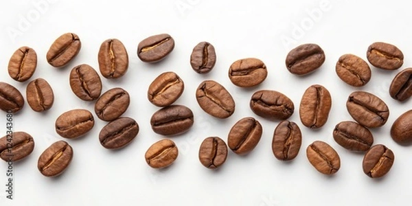 Fototapeta Panoramic View of Doodle Roasted Coffee Beans on White Background - Nature Inspired Coffee Art and Simple Bean Design