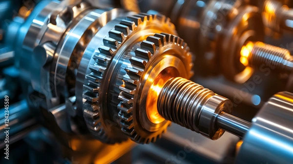 Fototapeta Mechanical systems efficiency industrial setting w 95168710-d8e0-45c9-b2a7-b44638b3d18d 2 close-up view of gear wheel in a factory environment