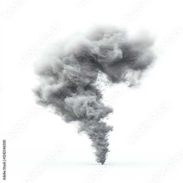 Fototapeta A swirling, dense cloud of dark smoke rises upward against a pure white background, creating an impactful and dramatic visual effect, ideal for various creative projects.