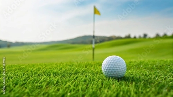 Fototapeta Close-Up of a Golf Ball on Lush Green Grass with a Flag in the Background on Golf Course