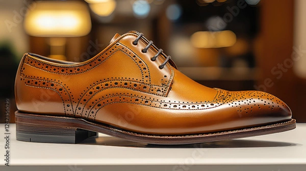 Fototapeta Close-up of a single elegant, light brown leather men's brogue shoe with perforated detailing, displayed on a white surface against a blurred background.