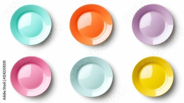 Fototapeta Colorful collection of round plates, isolated on white background