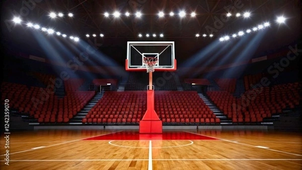 Fototapeta Modern Basketball Court with Bright Lights and Empty Stands in Indoor Arena Setting