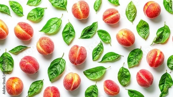 Obraz Peaches, leaves, white background, flatlay, food pattern