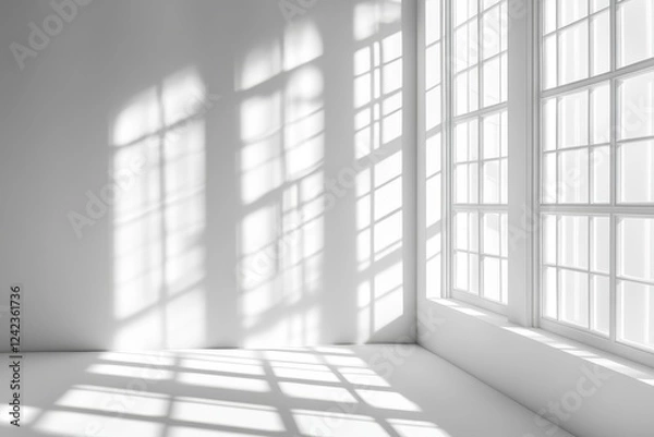 Fototapeta Sunlit room corner, window shadows, minimalist design, bright interior, empty space