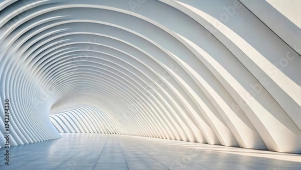 Fototapeta Abstract modern interior with curved white walls and smooth flooring in a spacious environment