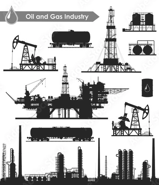 Fototapeta Zestaw sylwetki przemysłu ropy i gazu. Rafineria ropy naftowej, morska platforma wiertnicza morska, lądowa platforma wiertnicza, pompa naftowa, beczka i zbiornik oleju kolejowego. Ilustracji wektorowych.