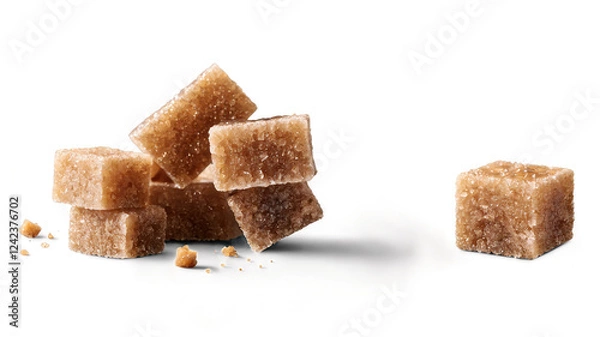 Fototapeta Brown sugar cubes scattered on a dark surface, some in a pile, others separate. on transparent background 