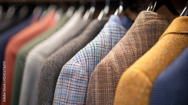 Fototapeta A rack of clothes with a variety of colors and patterns