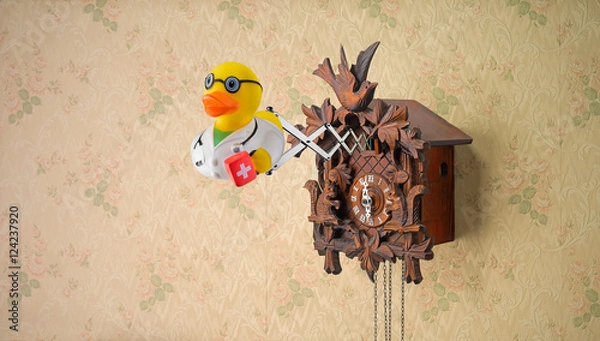 Fototapeta Doctor Rubber Duck coming out of cuckoo clock