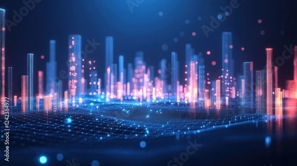 Fototapeta Futuristic cityscape with glowing digital network.