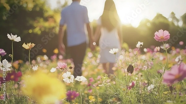 Obraz A couple is walking through a field of flowers