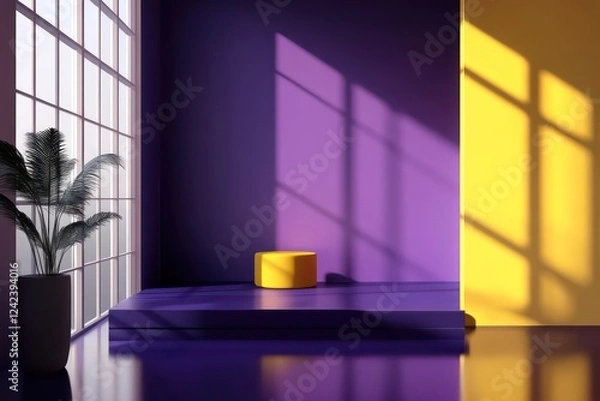 Fototapeta 3d icon, Ray tracing reflections, room with modern renovation, dark violet and yellow color