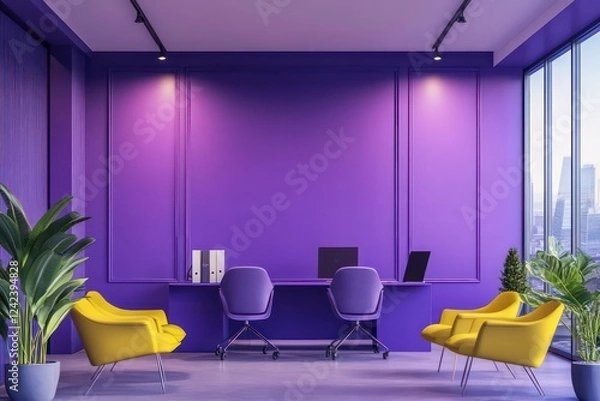 Fototapeta Design a minimalist office interior with a bold and vibrant purple background (#9D75F2). The furniture should have a geometric and modern design