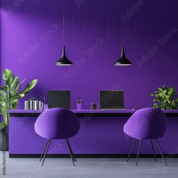 Fototapeta Design a minimalist office interior with a bold and vibrant purple background (#9D75F2). The furniture should have a geometric and modern design, such as simple cubic shapes or sleek angular forms