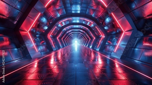 Fototapeta Futuristic neon tunnel with red and blue lights leading to a bright exit