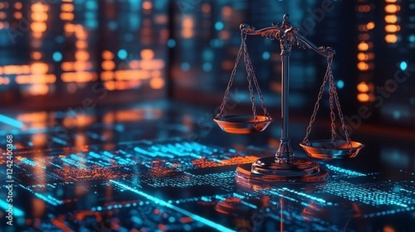 Fototapeta Digital data background with justice scales symbolizing the concept of law and justice in the modern era